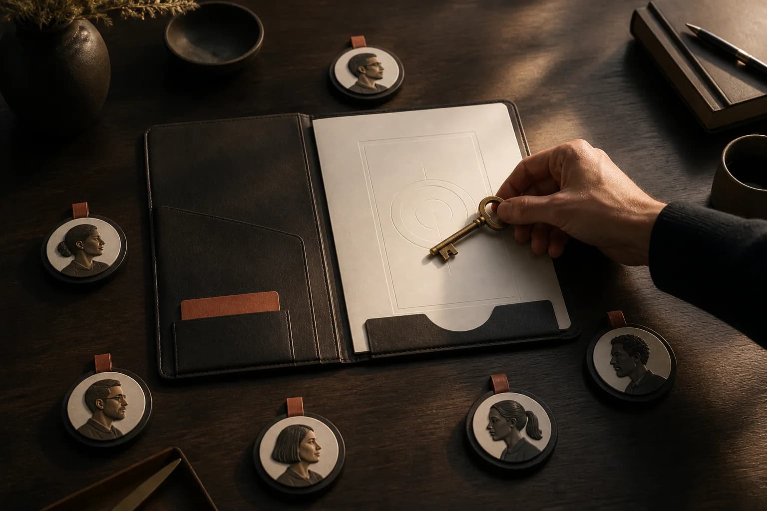 Seven employee-style identity tokens arranged around an open account onboarding folio.